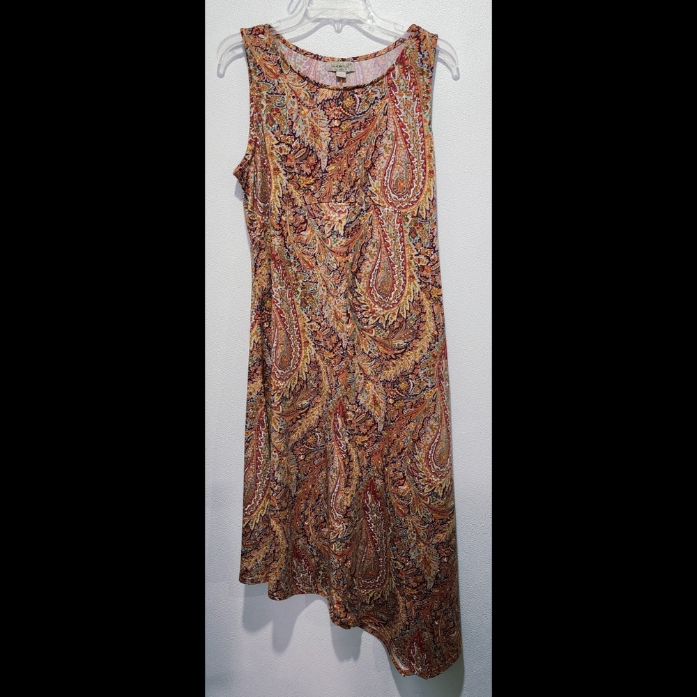 One World Dress Size XL Stretch Pullover Sleeveless Orange Paisley Asymmetrical